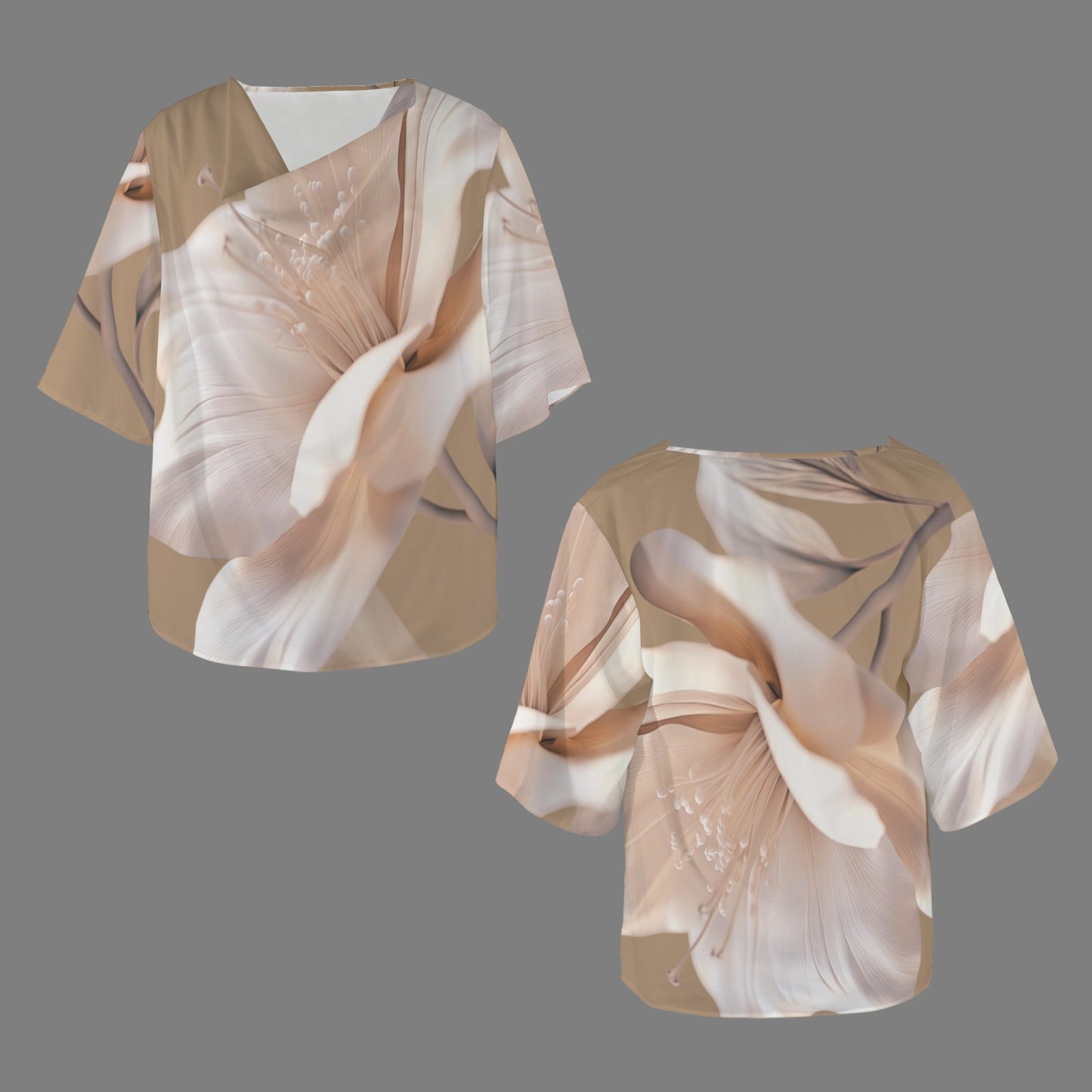 Floral Drape Neck Tan Blouse