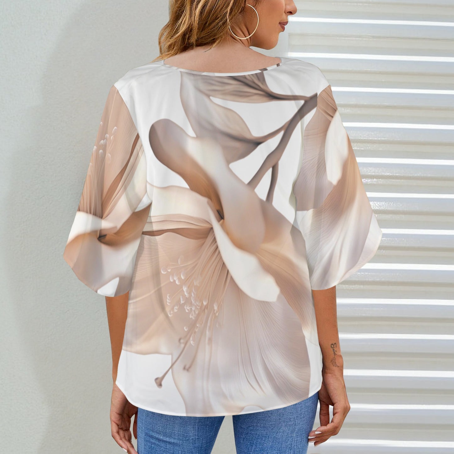 Floral Drape Neck White Blouse
