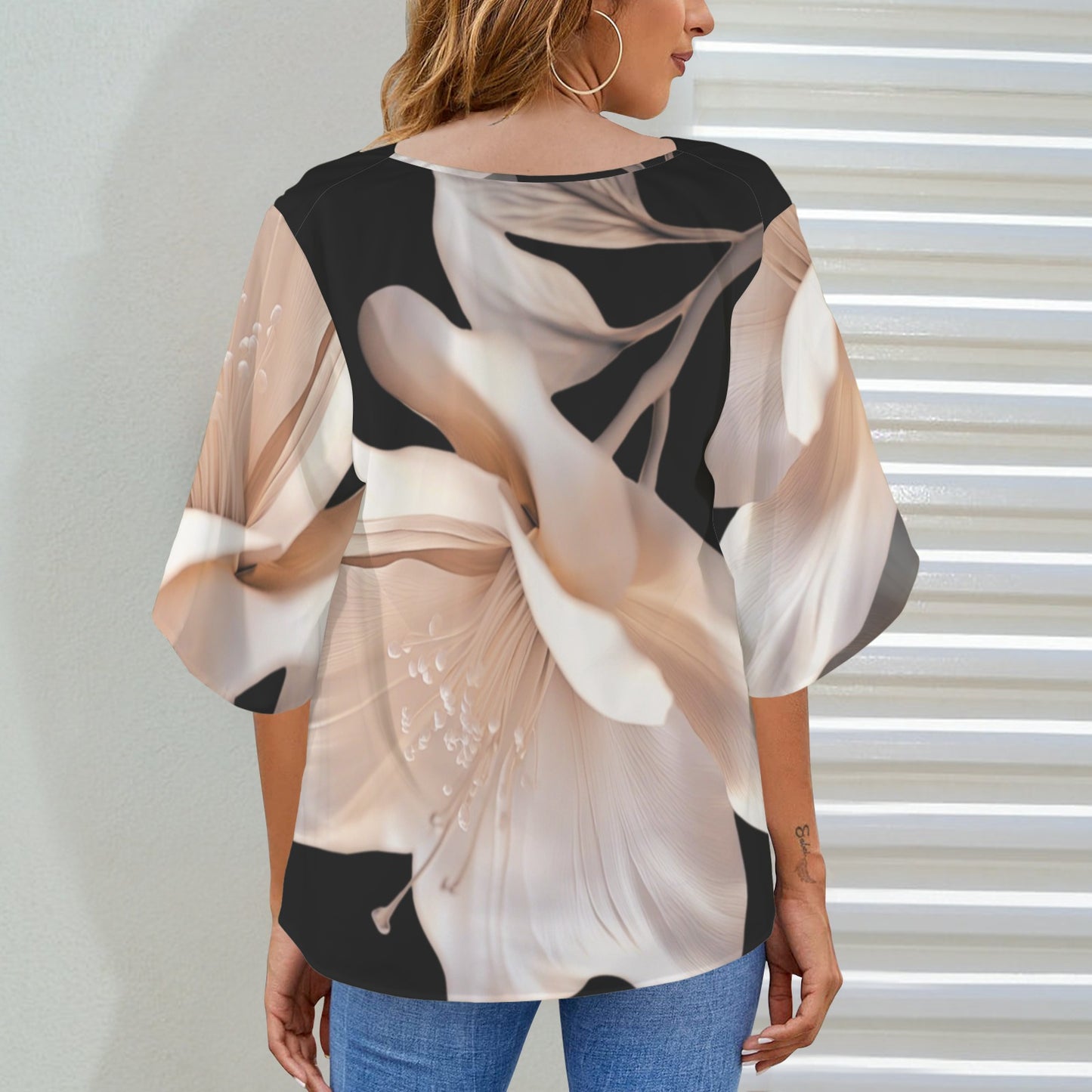 Floral Drape Neck Black Blouse