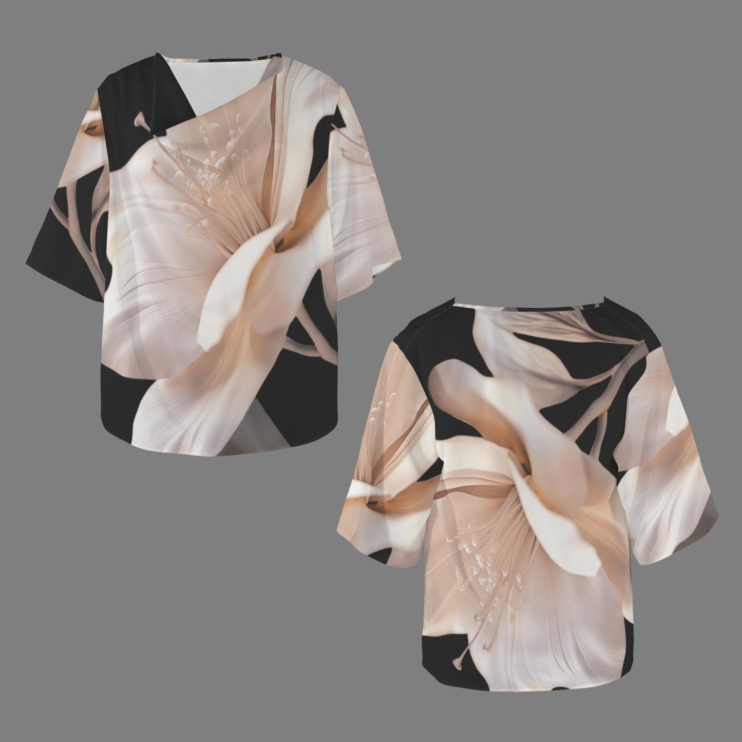 Floral Drape Neck Black Blouse